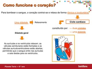 Para bombear o sangue, o coração contrai-se e relaxa de forma  rítmica e involuntária : Ciclo cardíaco constituído por: Uma diástole Relaxamento Diástole geral As aurículas e os ventrículos relaxam, as válvulas semilunares estão fechadas e as válvulas auriculoventriculares estão abertas, permitindo que o sangue entre nas aurículas e saia destas para os ventrículos. Como funciona o coração? —  duas sístoles —  uma diástole Planeta Terra — 9.º ano 