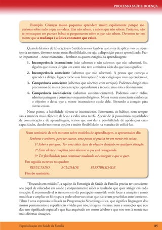 PROCESSO SAÚDE-DOENÇA




        Exemplo: Crianças muito pequenas aprendem muito rapidamente porque são
  curiosas sobre tudo o que as rodeia. Elas não sabem, e sabem que não sabem. Portanto, não
  se preocupam em parecer bobas se perguntarem sobre o que não sabem. Devemos ter em
  mente que a mudança é a única constante que existe.

      Quando falamos de Educação em Saúde devemos lembrar que antes de aplicarmos qualquer
teoria ao outro, devemos testar nossa flexibilidade, ou seja, a disposição para o aprendizado. Faz-
se importante – nesse momento – lembrar os quatro estágios da aprendizagem:
     1.	 Incompetência inconsciente (não sabemos e não sabemos que não sabemos). Ex.
         alguém que nunca dirigiu um carro não tem a mínima ideia do que isso significa;
     2.	 Incompetência consciente (sabemos que não sabemos). A pessoa que começa a
         aprender a dirigir, logo percebe suas limitações (é neste estágio que mais aprendemos);
     3.	 Competência consciente (sabemos que sabemos com atenção). Podemos dirigir, mas
         precisamos de muita concentração: aprendemos a técnica, mas não a dominamos;
     4.	 Competência inconsciente (sabemos automaticamente). Podemos ouvir rádio,
         admirar paisagem e conversar enquanto dirigimos. Nossa mente consciente estabelece
         o objetivo e deixa que a mente inconsciente cuide dele, liberando a atenção para
         outras coisas.
      Nesse ponto, a habilidade tornou-se inconsciente. Entretanto, os hábitos nem sempre
são a maneira mais eficiente de levar a cabo uma tarefa. Apesar de já possuirmos capacidades
de comunicação e de aprendizagem, temos que nos dar a possibilidade de aperfeiçoar essas
capacidades, dando-nos novas opções e maior flexibilidade na maneira de utilizá-las.

    Num seminário de três minutos sobre modelos de aprendizagem, o apresentador diz:
        Senhoras e senhores, para ter sucesso, uma pessoa só precisa ter em mente três coisas:
           1º Saber o que quer. Ter uma ideia clara do objetivo desejado em qualquer situação.
           2º Estar alerta e receptiva para observar o que está conseguindo.
           3º Ter flexibilidade para continuar mudando até conseguir o que se quer.
    Em seguida escreveu no quadro:
        RESULTADO		ACUIDADE		FLEXIBILIDADE
    Fim do seminário.

      “Trocando em miúdos”, a equipe da Estratégia de Saúde da Família precisa ter consciente
seu papel de educador em saúde e conjuntamente saber o resultado que quer atingir em cada
situação. É recomendável o treinamento da percepção sensorial: onde focar a atenção e como
modificar e ampliar os filtros para poder observar coisas que não eram percebidas anteriormente.
Filtro é uma expressão utilizada na Programação Neurolinguística, que significa linguagem dos
nossos pensamentos e experiências vividas por nós, imagens internas, sons e sensações que nos
dão um significado especial e que fica arquivado em nosso cérebro e que nos vem à mente nas
mais diversas situações.


Especialização em Saúde da Família                                                                    85
 