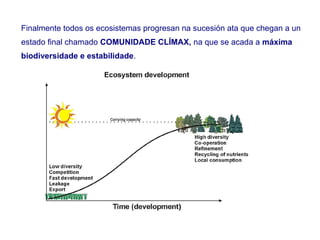 Finalmente todos os ecosistemas progresan na sucesión ata que chegan a un
estado final chamado COMUNIDADE CLÍMAX, na que se acada a máxima
biodiversidade e estabilidade.
 