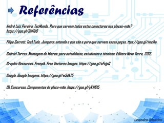 Referências
Leandro Martins
André Luiz Pereira. TecMundo. Para que servem todos estes conectores nas placas-mãe?
https://goo.gl/3h1TbD
Filipe Garrett. TechTudo. Jumpers: entenda o que são e para que servem essas peças. ttps://goo.gl/nnciku
Gabriel Torres. Montagem de Micros: para autodidatas, estudantes e técnicos. Editora Nova Terra, 2012.
Graphic Resources. Freepik. Free Vectores Images. https://goo.gl/eFsjpQ
Google. Google Imagens. https://goo.gl/wSdkT5
Ok Concursos. Componentes da placa-mãe. https://goo.gl/yXW615
 