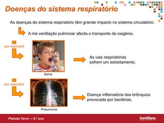 Doenças do sistema respiratório
As doenças do sistema respiratório têm grande impacto no sistema circulatório.
A má ventilação pulmonar afecta o transporte de oxigénio.
por exemplo
As vias respiratórias
sofrem um estreitamento.
Doença inflamatória dos brônquios
provocada por bactérias.
Planeta Terra — 9.º ano
Pneumonia
Asma
por exemplo
 