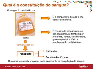 É o componente líquido e não
celular do sangue.
É constituído essencialmente
por água (90%) e também por
proteínas, lípidos, sais minerais,
gases e produtos tóxicos
resultantes do metabolismo.
tem a função de
Transporte
Nutrientes
Substâncias tóxicas
O plasma tem ainda um papel muito importante na coagulação do sangue.
Qual é a constituição do sangue?
O sangue é constituído por:
Planeta Terra — 9.º ano
Plasma
 