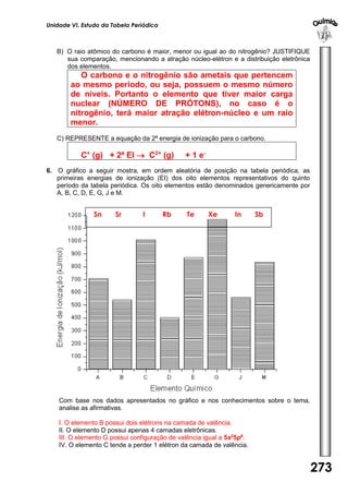 Unidade VI. Estudo da Tabela Periódica 
273 
U 
N 
I 
D 
A 
D 
E 
1 
B) O raio atômico do carbono é maior, menor ou igual ao do nitrogênio? JUSTIFIQUE 
sua comparação, mencionando a atração núcleo-elétron e a distribuição eletrônica 
dos elementos. 
O carbono e o nitrogênio são ametais que pertencem 
ao mesmo período, ou seja, possuem o mesmo número 
de níveis. Portanto o elemento que tiver maior carga 
nuclear (NÚMERO DE PRÓTONS), no caso é o 
nitrogênio, terá maior atração elétron-núcleo e um raio 
menor. 
C) REPRESENTE a equação da 2ª energia de ionização para o carbono. 
C+ (g) + 2ª EI  C2+ (g) + 1 e- 
6. O gráfico a seguir mostra, em ordem aleatória de posição na tabela periódica, as 
primeiras energias de ionização (EI) dos oito elementos representativos do quinto 
período da tabela periódica. Os oito elementos estão denominados genericamente por 
A, B, C, D, E, G, J e M. 
Com base nos dados apresentados no gráfico e nos conhecimentos sobre o tema, 
analise as afirmativas. 
I. O elemento B possui dois elétrons na camada de valência. 
II. O elemento D possui apenas 4 camadas eletrônicas. 
III. O elemento G possui configuração de valência igual a 5s25p6. 
IV. O elemento C tende a perder 1 elétron da camada de valência. 
Sn Sr I Rb Te Xe In Sb 
 
