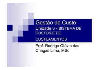 Gestão de Custo
Unidade 6 - SISTEMA DE
CUSTOS E DE
CUSTEAMENTOS
Prof. Rodrigo Otávio das
Chagas Lima, MSc
 