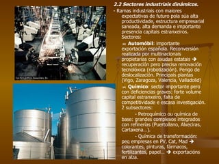 2.2 Sectores industriais dinámicos. - Ramas industriais con maiores expectativas de futuro pola súa alta productividade, estructura empresarial saneada, alta demanda e importante presencia capitais estranxeiros. Sectores:    Automóbil : importante exportación española. Reconversión realizada por multinacionais propietarias con axudas estatais    recuperación pero precisa renovación tecnolóxica (robotización). Perigo de deslocalización. Principais plantas (Vigo, Zaragoza, Valencia, Valladolid)    Químico : sector importante pero con deficiencias graves: forte volume capital estranxeiro, falta de competitividade e escasa investigación. 2 subsectores: - Petroquímico ou química de base: grandes complexos integrados con refinerías (Puertollano, Alxeciras, Cartaxena…). - Química de transformación: peq empresas en PV, Cat, Mad    colorantes, pinturas, fármacos, fertilizantes, papel…    exportacións en alza. 