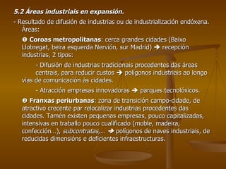 5.2 Áreas industriais en expansión. - Resultado de difusión de industrias ou de industrialización endóxena. Áreas:    Coroas metropolitanas : cerca grandes cidades (Baixo Llobregat, beira esquerda Nervión, sur Madrid)    recepción industrias, 2 tipos: - Difusión de industrias tradicionais procedentes das áreas  centrais, para reducir custos    polígonos industriais ao longo vías de comunicación ás cidades. - Atracción empresas innovadoras    parques tecnolóxicos.    Franxas periurbanas : zona de transición campo-cidade, de atractivo crecente par relocalizar industrias procedentes das cidades. Tamén existen pequenas empresas, pouco capitalizadas, intensivas en traballo pouco cualificado (moble, madeira, confección…),  subcontratas,…     polígonos de naves industriais, de reducidas dimensións e deficientes infraestructuras. 