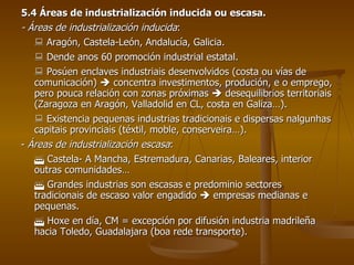 5.4 Áreas de industrialización inducida ou escasa. - Áreas de industrialización inducida :     Aragón, Castela-León, Andalucía, Galicia.     Dende anos 60 promoción industrial estatal.     Posúen enclaves industriais desenvolvidos (costa ou vías de comunicación)    concentra investimentos, produción, e o emprego, pero pouca relación con zonas próximas    desequilibrios territoriais (Zaragoza en Aragón, Valladolid en CL, costa en Galiza…).    Existencia pequenas industrias tradicionais e dispersas nalgunhas capitais provinciais (téxtil, moble, conserveira…). -  Áreas de industrialización escasa :     Castela- A Mancha, Estremadura, Canarias, Baleares, interior outras comunidades…    Grandes industrias son escasas e predominio sectores tradicionais de escaso valor engadido    empresas medianas e pequenas.    Hoxe en día, CM = excepción por difusión industria madrileña hacia Toledo, Guadalajara (boa rede transporte). 