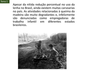 Apesar da nítida redução percentual no uso da
lenha no Brasil, ainda existem muitas carvoarias
no país. As atividades relacionadas à queima da
madeira são muito degradantes e, infelizmente
são denunciadas como empregadoras de
trabalho infantil em diferentes estados
brasileiros.
Trabalho infantil na carvoaria
Tema 1
 