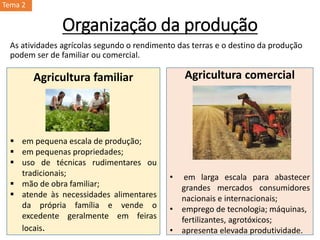 Agricultura comercial
• em larga escala para abastecer
grandes mercados consumidores
nacionais e internacionais;
• emprego de tecnologia; máquinas,
fertilizantes, agrotóxicos;
• apresenta elevada produtividade.
Agricultura familiar
 em pequena escala de produção;
 em pequenas propriedades;
 uso de técnicas rudimentares ou
tradicionais;
 mão de obra familiar;
 atende às necessidades alimentares
da própria família e vende o
excedente geralmente em feiras
locais.
Organização da produção
As atividades agrícolas segundo o rendimento das terras e o destino da produção
podem ser de familiar ou comercial.
Tema 2
 
