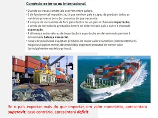 Se o país exportar mais do que importar, em valor monetário, apresentará
superavit; caso contrário, apresentará deficit.
 