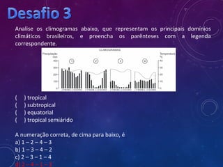 Analise os climogramas abaixo, que representam os principais domínios
climáticos brasileiros, e preencha os parênteses com...