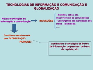 TECNOLOGIAS DE INFORMAÇÃO E COMUNICAÇÃO E
GLOBALIZAÇÃO
Novas tecnologias de
informação e comunicação INOVAÇÕES
- Satélites, cabos, etc.
desenvolveram as comunicações
- Convergência das tecnologias dos
média – multimédia
…..
Contribuem decisivamente
para GLOBALIZAÇÃO
PORQUE :
Aceleraram a circulação de fluxos
de informação, de pessoas, de bens,
de capitais, etc.
 