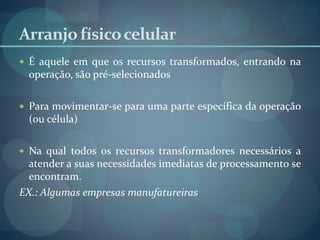 Arranjofísicocelular
 É aquele em que os recursos transformados, entrando na
operação, são pré-selecionados
 Para movimentar-se para uma parte específica da operação
(ou célula)
 Na qual todos os recursos transformadores necessários a
atender a suas necessidades imediatas de processamento se
encontram.
EX.: Algumas empresas manufatureiras
 