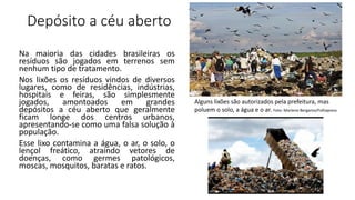Depósito a céu aberto
Na maioria das cidades brasileiras os
resíduos são jogados em terrenos sem
nenhum tipo de tratamento.
Nos lixões os resíduos vindos de diversos
lugares, como de residências, indústrias,
hospitais e feiras, são simplesmente
jogados, amontoados em grandes
depósitos a céu aberto que geralmente
ficam longe dos centros urbanos,
apresentando-se como uma falsa solução à
população.
Esse lixo contamina a água, o ar, o solo, o
lençol freático, atraindo vetores de
doenças, como germes patológicos,
moscas, mosquitos, baratas e ratos.
Alguns lixões são autorizados pela prefeitura, mas
poluem o solo, a água e o ar. Foto: Marlene Bergamo/Folhapress
 