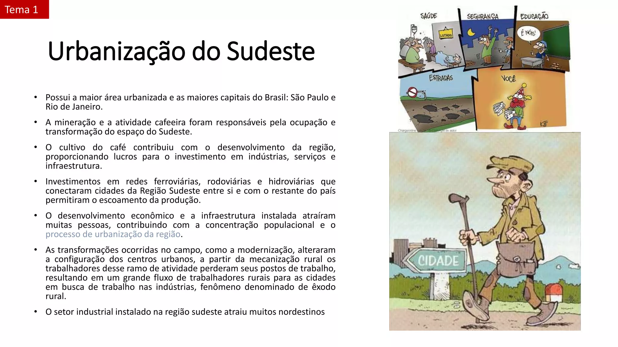 Urbanização do Sudeste
• Possui a maior área urbanizada e as maiores capitais do Brasil: São Paulo e
Rio de Janeiro.
• A mineração e a atividade cafeeira foram responsáveis pela ocupação e
transformação do espaço do Sudeste.
• O cultivo do café contribuiu com o desenvolvimento da região,
proporcionando lucros para o investimento em indústrias, serviços e
infraestrutura.
• Investimentos em redes ferroviárias, rodoviárias e hidroviárias que
conectaram cidades da Região Sudeste entre si e com o restante do país
permitiram o escoamento da produção.
• O desenvolvimento econômico e a infraestrutura instalada atraíram
muitas pessoas, contribuindo com a concentração populacional e o
processo de urbanização da região.
• As transformações ocorridas no campo, como a modernização, alteraram
a configuração dos centros urbanos, a partir da mecanização rural os
trabalhadores desse ramo de atividade perderam seus postos de trabalho,
resultando em um grande fluxo de trabalhadores rurais para as cidades
em busca de trabalho nas indústrias, fenômeno denominado de êxodo
rural.
• O setor industrial instalado na região sudeste atraiu muitos nordestinos
Tema 1
 