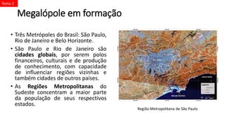 Megalópole em formação
• Três Metrópoles do Brasil: São Paulo,
Rio de Janeiro e Belo Horizonte.
• São Paulo e Rio de Janeiro são
cidades globais, por serem polos
financeiros, culturais e de produção
de conhecimento, com capacidade
de influenciar regiões vizinhas e
também cidades de outros países.
• As Regiões Metropolitanas do
Sudeste concentram a maior parte
da população de seus respectivos
estados.
Tema 2
Região Metropolitana de São Paulo
 