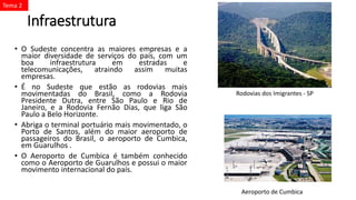 Infraestrutura
• O Sudeste concentra as maiores empresas e a
maior diversidade de serviços do país, com um
boa infraestrutura em estradas e
telecomunicações, atraindo assim muitas
empresas.
• É no Sudeste que estão as rodovias mais
movimentadas do Brasil, como a Rodovia
Presidente Dutra, entre São Paulo e Rio de
Janeiro, e a Rodovia Fernão Dias, que liga São
Paulo a Belo Horizonte.
• Abriga o terminal portuário mais movimentado, o
Porto de Santos, além do maior aeroporto de
passageiros do Brasil, o aeroporto de Cumbica,
em Guarulhos .
• O Aeroporto de Cumbica é também conhecido
como o Aeroporto de Guarulhos e possui o maior
movimento internacional do país.
Rodovias dos Imigrantes - SP
Aeroporto de Cumbica
Tema 2
 