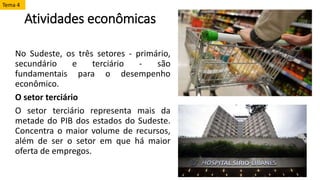 Atividades econômicas
No Sudeste, os três setores - primário,
secundário e terciário - são
fundamentais para o desempenho
econômico.
O setor terciário
O setor terciário representa mais da
metade do PIB dos estados do Sudeste.
Concentra o maior volume de recursos,
além de ser o setor em que há maior
oferta de empregos.
Tema 4
 