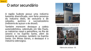 O setor secundário
A região Sudeste possui uma indústria
bastante diversificada, com forte presença
da indústria têxtil, de vestuário e de
calçados, química e sucroalcooleira
(indústria do açúcar e do álcool).
Também merecem destaque a cadeia
automobilística, sobretudo em São Paulo,
as indústrias naval e petrolífera, no Rio de
Janeiro e no Espírito Santo, além da
indústria de celulose, também no Espírito
Santo. Em Minas Gerais, o destaque é a
indústria siderúrgica.
Tema 4
Indústria de automóveis no interior de SP
Fábrica de celulose - ES
 