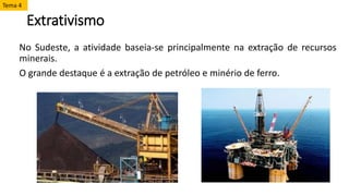 Extrativismo
No Sudeste, a atividade baseia-se principalmente na extração de recursos
minerais.
O grande destaque é a extração de petróleo e minério de ferro.
Tema 4
 