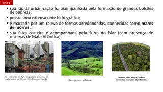 • sua rápida urbanização foi acompanhada pela formação de grandes bolsões
de pobreza;
• possui uma extensa rede hidrográfica;
• é marcada por um relevo de formas arredondadas, conhecidas como mares
de morros;
• sua faixa costeira é acompanhada pela Serra do Mar (com presença de
reservas de Mata Atlântica).
Na contramão do País, desigualdade aumentou na
região Sudeste em 2014, diz IBGE - Economia - Estadão
Mares de morro no Sudeste
Imagem aérea mostra a rodovia
cortando a reserva de Mata Atlântica
Tema 1
 