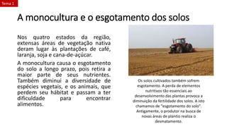 A monocultura e o esgotamento dos solos
Nos quatro estados da região,
extensas áreas de vegetação nativa
deram lugar às plantações de café,
laranja, soja e cana-de-açúcar.
A monocultura causa o esgotamento
do solo a longo prazo, pois retira a
maior parte de seus nutrientes.
Também diminui a diversidade de
espécies vegetais, e os animais, que
perdem seu hábitat e passam a ter
dificuldade para encontrar
alimentos.
Os solos cultivados também sofrem
esgotamento. A perda de elementos
nutritivos tão essenciais ao
desenvolvimento das plantas provoca a
diminuição da fertilidade dos solos. A isto
chamamos de "esgotamento do solo".
Antigamente, o produtor na busca de
novas áreas de plantio realiza o
desmatamento.
Tema 1
 