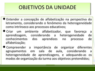OBJETIVOS DA UNIDADE
OBJETIVOS DA UNIDADE
Entender a concepção de alfabetização na perspectiva do
letramento, considerando o fenômeno da heterogeneidade
como intrínseco aos processos educativos;
Criar um ambiente alfabetizador, que favoreça a
aprendizagem, considerando a heterogeneidade de
conhecimentos dos aprendizes no processo de
alfabetização;
Compreender a importância de organizar diferentes
agrupamentos em sala de aula, considerando a
heterogeneidade de aprendizagens, e adequando-as os
modos de organização da turma aos objetivos pretendidos;

 