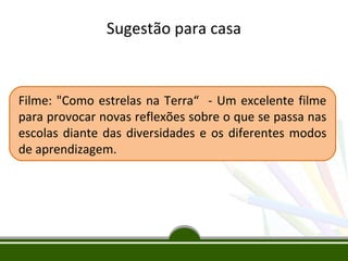Sugestão para casa

Filme: "Como estrelas na Terra“ - Um excelente filme
para provocar novas reflexões sobre o que se passa nas
escolas diante das diversidades e os diferentes modos
de aprendizagem.

 