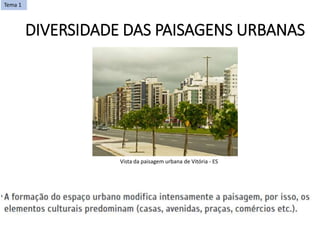 Vista da paisagem urbana de Vitória - ES
Tema 1
DIVERSIDADE DAS PAISAGENS URBANAS
 