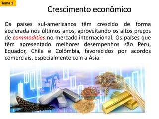 Crescimento econômico
Os países sul-americanos têm crescido de forma
acelerada nos últimos anos, aproveitando os altos preços
de commodities no mercado internacional. Os países que
têm apresentado melhores desempenhos são Peru,
Equador, Chile e Colômbia, favorecidos por acordos
comerciais, especialmente com a Ásia.
Tema 1
 