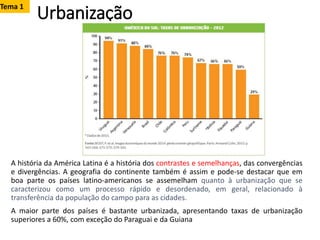 Urbanização
A história da América Latina é a história dos contrastes e semelhanças, das convergências
e divergências. A geografia do continente também é assim e pode-se destacar que em
boa parte os países latino-americanos se assemelham quanto à urbanização que se
caracterizou como um processo rápido e desordenado, em geral, relacionado à
transferência da população do campo para as cidades.
A maior parte dos países é bastante urbanizada, apresentando taxas de urbanização
superiores a 60%, com exceção do Paraguai e da Guiana
Tema 1
 