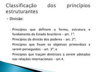 Divisão: Princípios que definem a forma, estrutura e fundamento do Estado brasileiro – art. 1º; Princípios da divisão dos poderes – art. 2º; Princípios que fixam os objetivos primordiais a serem perseguidos – art. 3º; e Princípios que traçam diretrizes a serem adotadas nas relações internacionais – art.4. 