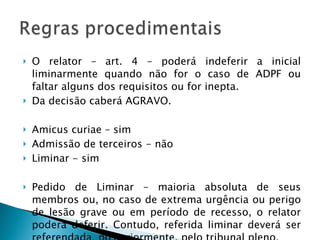 O relator – art. 4 – poderá indeferir a inicial liminarmente quando não for o caso de ADPF ou faltar alguns dos requisitos ou for inepta. Da decisão caberá AGRAVO. Amicus curiae – sim Admissão de terceiros - não Liminar - sim Pedido de Liminar – maioria absoluta de seus membros ou, no caso de extrema urgência ou perigo de lesão grave ou em período de recesso, o relator poderá deferir. Contudo, referida liminar deverá ser referendada, posteriormente, pelo tribunal pleno. 