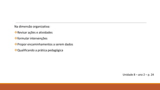 Na dimensão organizativa:
Revisar ações e atividades
formular intervenções
Propor encaminhamentos a serem dados
Qualificando a prática pedagógica

Unidade 8 – ano 2 – p. 24

 
