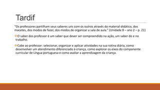 Tardif
“Os professores partilham seus saberes uns com os outros através do material didático, dos
macetes, dos modos de fazer, dos modos de organizar a sala de aula.” (Unidade 8 – ano 2 – p. 21)
O saber dos professor é um saber que dever ser compreendido na ação, um saber do e no
trabalho.
Cabe ao professor: selecionar, organizar e aplicar atividades na sua rotina diária, como
desenvolver um atendimento diferenciado à criança, como explorar os eixos do componente
curricular de Língua portuguesa e como avaliar a aprendizagem da criança.

 