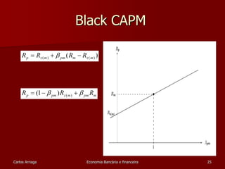 Black CAPM 
( ) p z (m) pm m z (m) R  R   R  R 
p pm z m pm m R   R   R ( ) (1 ) 
Carlos Arriaga Economia Bancária e financeira 25 
 
