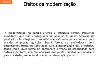 Efeitos da modernização
A modernização no campo alterou a estrutura agrária. Pequenos
produtores que não conseguiram se adaptar às novas técnicas de
produção não atingiram produtividade suficiente para competir com
grandes empresas agrícolas. Desta forma, se endividaram com
empréstimos bancários solicitados para a mecanização das atividades,
tendo como única forma de pagamento a venda da propriedade para
outros produtores, contribuindo para que muitas famílias se mudassem
para as cidades, aumentando a taxa de urbanização global.
Tema 3
 