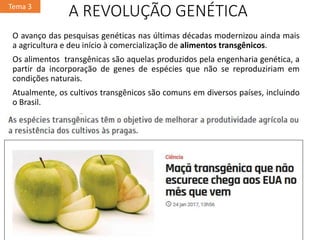 A REVOLUÇÃO GENÉTICA
O avanço das pesquisas genéticas nas últimas décadas modernizou ainda mais
a agricultura e deu início à comercialização de alimentos transgênicos.
Os alimentos transgênicas são aquelas produzidos pela engenharia genética, a
partir da incorporação de genes de espécies que não se reproduziriam em
condições naturais.
Atualmente, os cultivos transgênicos são comuns em diversos países, incluindo
o Brasil.
Tema 3
 