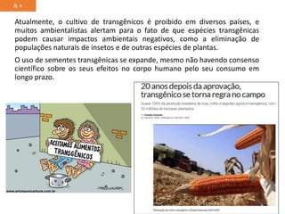 Atualmente, o cultivo de transgênicos é proibido em diversos países, e
muitos ambientalistas alertam para o fato de que espécies transgênicas
podem causar impactos ambientais negativos, como a eliminação de
populações naturais de insetos e de outras espécies de plantas.
O uso de sementes transgênicas se expande, mesmo não havendo consenso
científico sobre os seus efeitos no corpo humano pelo seu consumo em
longo prazo.
A +
 