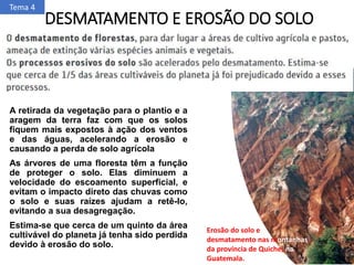 DESMATAMENTO E EROSÃO DO SOLO
Tema 4
A retirada da vegetação para o plantio e a
aragem da terra faz com que os solos
fiquem mais expostos à ação dos ventos
e das águas, acelerando a erosão e
causando a perda de solo agrícola
As árvores de uma floresta têm a função
de proteger o solo. Elas diminuem a
velocidade do escoamento superficial, e
evitam o impacto direto das chuvas como
o solo e suas raízes ajudam a retê-lo,
evitando a sua desagregação.
Estima-se que cerca de um quinto da área
cultivável do planeta já tenha sido perdida
devido à erosão do solo.
Erosão do solo e
desmatamento nas montanhas
da província de Quiche, na
Guatemala.
 