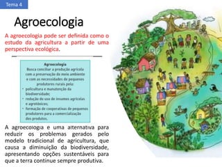 Agroecologia
A agroecologia pode ser definida como o
estudo da agricultura a partir de uma
perspectiva ecológica.
A agroecologia é uma alternativa para
reduzir os problemas gerados pelo
modelo tradicional de agricultura, que
causa a diminuição da biodiversidade,
apresentando opções sustentáveis para
que a terra continue sempre produtiva.
Tema 4
 