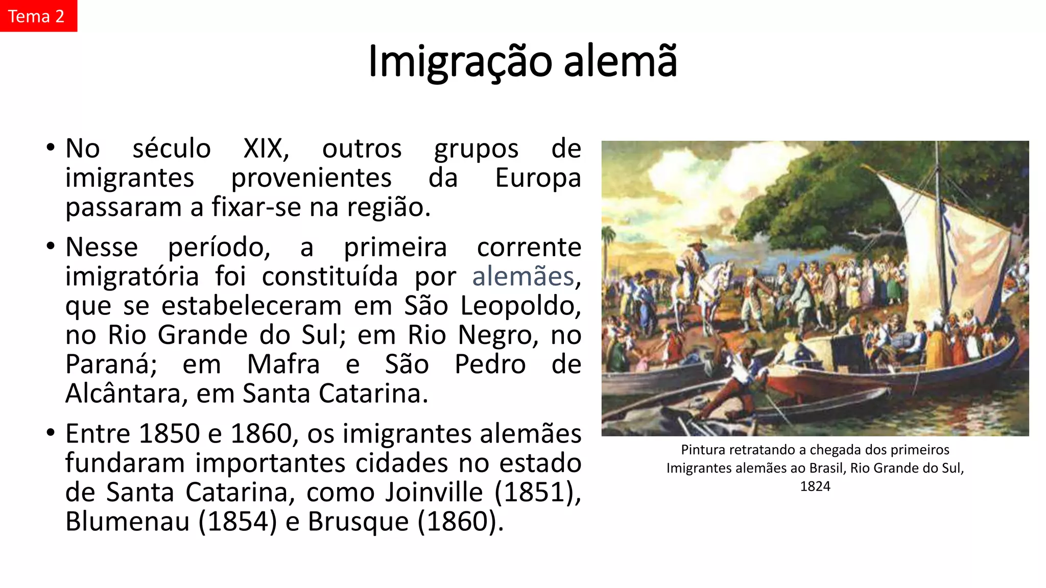 Imigração alemã
• No século XIX, outros grupos de
imigrantes provenientes da Europa
passaram a fixar-se na região.
• Nesse período, a primeira corrente
imigratória foi constituída por alemães,
que se estabeleceram em São Leopoldo,
no Rio Grande do Sul; em Rio Negro, no
Paraná; em Mafra e São Pedro de
Alcântara, em Santa Catarina.
• Entre 1850 e 1860, os imigrantes alemães
fundaram importantes cidades no estado
de Santa Catarina, como Joinville (1851),
Blumenau (1854) e Brusque (1860).
Pintura retratando a chegada dos primeiros
Imigrantes alemães ao Brasil, Rio Grande do Sul,
1824
Tema 2
 