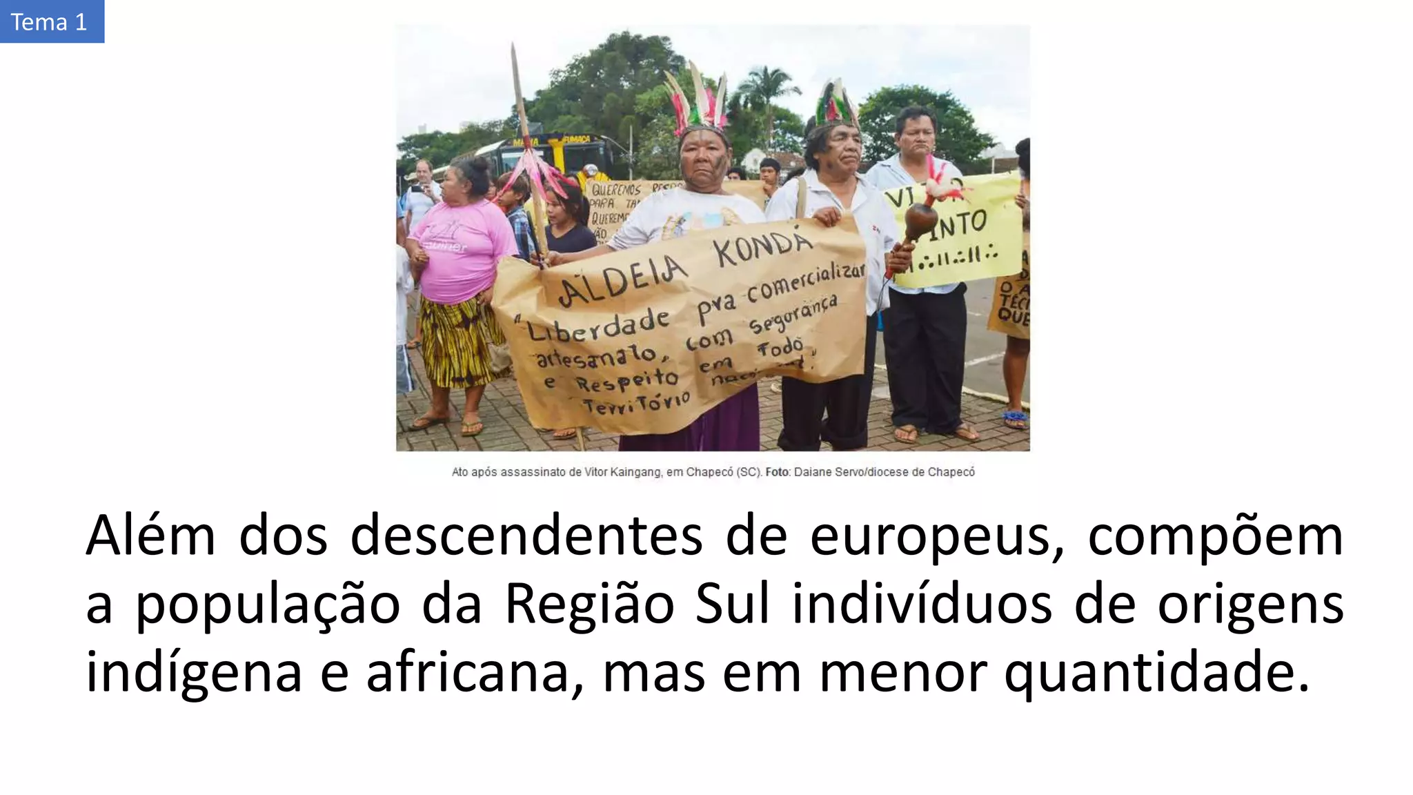 Além dos descendentes de europeus, compõem
a população da Região Sul indivíduos de origens
indígena e africana, mas em menor quantidade.
Tema 1
 