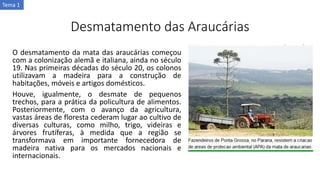 Desmatamento das Araucárias
O desmatamento da mata das araucárias começou
com a colonização alemã e italiana, ainda no século
19. Nas primeiras décadas do século 20, os colonos
utilizavam a madeira para a construção de
habitações, móveis e artigos domésticos.
Houve, igualmente, o desmate de pequenos
trechos, para a prática da policultura de alimentos.
Posteriormente, com o avanço da agricultura,
vastas áreas de floresta cederam lugar ao cultivo de
diversas culturas, como milho, trigo, videiras e
árvores frutíferas, à medida que a região se
transformava em importante fornecedora de
madeira nativa para os mercados nacionais e
internacionais.
Tema 1
 