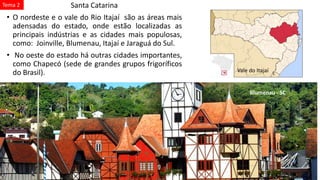Santa Catarina
• O nordeste e o vale do Rio Itajaí são as áreas mais
adensadas do estado, onde estão localizadas as
principais indústrias e as cidades mais populosas,
como: Joinville, Blumenau, Itajaí e Jaraguá do Sul.
• No oeste do estado há outras cidades importantes,
como Chapecó (sede de grandes grupos frigoríficos
do Brasil). Vale do Itajaí
Blumenau - SC
Tema 2
 