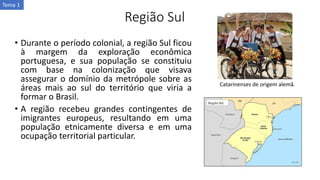 Região Sul
• Durante o período colonial, a região Sul ficou
à margem da exploração econômica
portuguesa, e sua população se constituiu
com base na colonização que visava
assegurar o domínio da metrópole sobre as
áreas mais ao sul do território que viria a
formar o Brasil.
• A região recebeu grandes contingentes de
imigrantes europeus, resultando em uma
população etnicamente diversa e em uma
ocupação territorial particular.
Catarinenses de origem alemã.
Tema 1
 