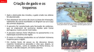Criação de gado e os
tropeiros
• Após a destruição das missões, o gado criado nas aldeias
foi abandonado.
• Para abastecer de carne e de couro as áreas de mineração,
habitantes de outras localidades se dirigiram ao sul à caça
dos animais dispersos.
• A pecuária foi caracterizada pela formação de estâncias,
que se originaram de sesmarias doadas pela Coroa
portuguesa, e pelo uso de invernadas.
• A pecuária exerceu forte influência no povoamento e na
exploração econômica da região.
• O couro e o charque produzidos no sul atraíam inúmeros
tropeiros para a região.
• Em muitos locais de pouso ou de descanso desses
viajantes fundaram-se povoados e vilas que, depois, se
tornaram cidades., como as cidades de Ponta Grossa, no
Paraná, e de São Joaquim, em Santa Catarina.
Tema 2
 