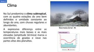 Clima
No Sul predomina o clima subtropical,
com as quatro estações do ano bem
definidas e umidade constante ao
longo do ano, com chuvas regulares e
abundantes.
A expressiva diferença entre as
temperaturas mais baixas e as mais
elevadas (amplitude térmica) marca a
ocorrência de geadas e neve nas
partes altas dos planaltos.
Neve Caxias do Sul - RS
Tema 1
 