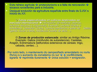 Este retraso agrícola    proteccionismo e a falta de renovación    escasos excedentes para a industria. Desigual evolución da agricultura española entre finais de S.XIX e inicios do XX:    Zonas especializadas en cultivos destinados ao  mercado internacional     introdución de melloras: abonos,  avances técnicos e maquinaria. Exemplo: Levante (froitas e  hortalizas), Cataluña (Cava), Cornixa cantábrica e parte de  Galiza (gando vacún e leite), Andalucía (aceite de oliva…).    Zonas de produción estancada : similar ao Antigo Réxime.  Exemplo: Galiza (minifundio de subsistencia), Castelas,  Aragón, Extremadura (latifundios extensivos de cereais: trigo,  cebada, centeo…). -  Por outro lado, o mantemento do campesiñado arrendatario no norte (foros) e o aumento de xornaleiros no sur       conflitividade agraria    reprimida duramente    única solución = emigración. 