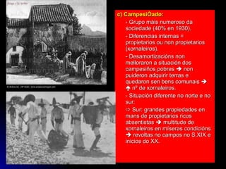 c) Campesiñado:  - Grupo máis numeroso da sociedade (40% en 1930).  - Diferencias internas = propietarios ou non propietarios (xornaleiros). - Desamortizacións non melloraron a situación dos campesiños pobres    non puideron adquirir terras e quedaron sen bens comunais       nº de xornaleiros. - Situación diferente no norte e no sur:    Sur: grandes propiedades en mans de propietarios ricos absentistas    multitude de xornaleiros en míseras condicións    revoltas no campos no S.XIX e inicios do XX. 